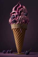 Photorealistic ai artwork of boysenberry ice cream in a cone for computer wallpapers or poster prints. Generative ai.