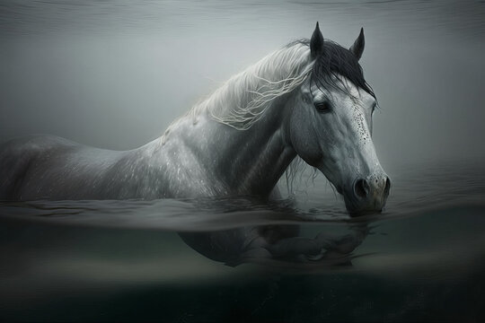 Photorealistic ai artwork of a white-grey horse wading in water. Dramatic studio-style image. Generative ai.