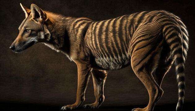 Photorealistic ai artwork of a Thylacine or previously known as a Tasmanian Tiger. Dramatic studio-style image. Generative ai.
