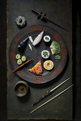 Photorealistic ai artwork of a plate of sushi. Dramatic studio-style image. Generative ai.