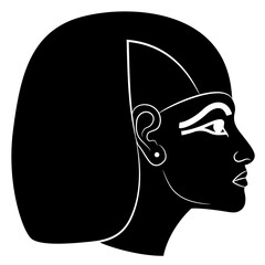 Head of ancient Egyptian woman wearing wig in profile. Black and white negative silhouette.