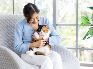 Millennial Asian young female owner sitting on cozy armchair smiling holding hugging cuddling showing love to cute fat tabby tricolor short hair little domestic furry purebred pussycat in arms