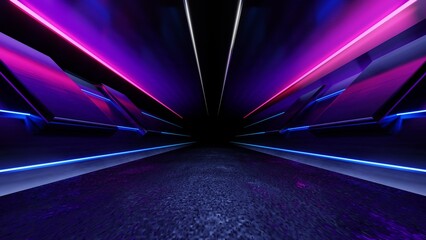 3d technology abstract neon light background, empty space scene, spotlight, dark night, virtual reality, cyber futuristic sci-fi background, street floor studio for mock up. colored geometric. © TANATPON