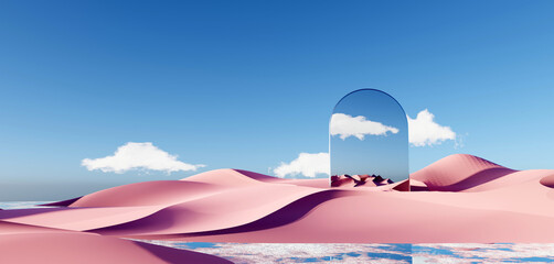 Fototapeta na wymiar 3d render Surreal pastel landscape background with geometric shapes, abstract fantastic desert dune in seasoning landscape with arches, panoramic, futuristic scene with copy space, blue sky and cloudy