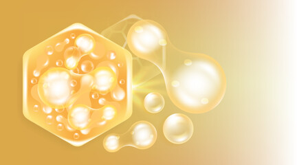 Probiotic and Hyaluronic acid skin solutions ad, gold collagen, and vitamin serum drop with cosmetic advertising background ready to use illustration vector.