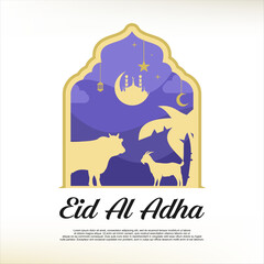 Happy Eid Al Adha Mubarak celebration banner with cow and goat background. Eid Al Adha Mubarak Muslim celebration day