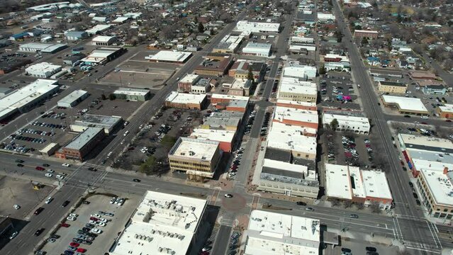 Aerial View Of Downtown Twin Falls, Idaho USA, Buildings And Street Traffic, Drone Shot