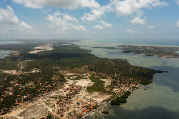 Aerial view of coastline of Sri Lanka island with islands and blue sea. Kalpitiya peninsula view from above.