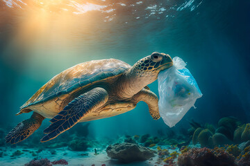 Obraz premium A majestic sea turtle is eating plastic bag in a ocean, Sunbeams shine through the water. AI-Generated