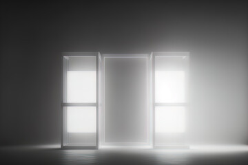 minimalist photo of panes of glass floating in ambient fog with glowing lights. AI-Generated