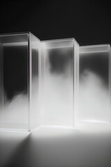 minimalist photo of panes of glass floating in ambient fog with glowing lights. AI-Generated