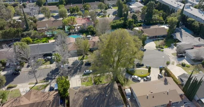 Homes in the Northridge neighborhood of Los Angeles, California aerial daytime flyover