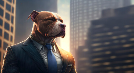 an intimidating business Pitbull, dressed in a tailored suit with city in the background. AI-Generated