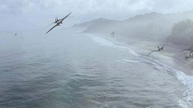 Pterosaurs dinosaurs flying over the beach in a jurassic park, 3D render animation of a prehistoric landscape scene