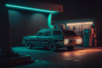 vintage car parked neon lights on the scene. AI-Generated