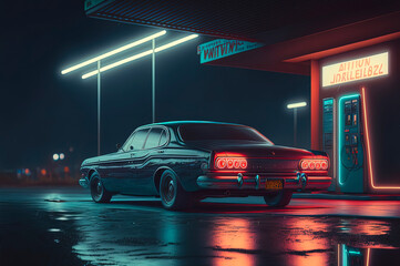 vintage car parked neon lights on the scene. AI-Generated