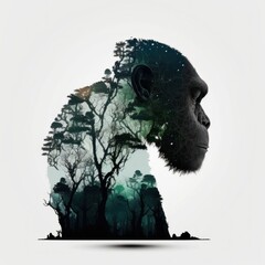 Cool and Beautiful Double Exposure Silhouette Chimpanzee Animal in Natural Habitat: A Colorful Illustration of Wildlife in Creative Photo Manipulation generative AI