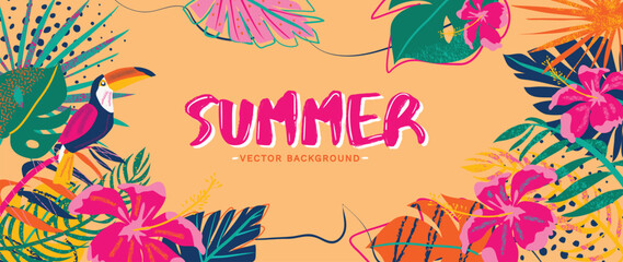 Summer tropical jungle background vector. Colorful botanical with exotic plants, hornbill, hibiscus flowers, palm leaf, grunge texture. Happy summertime illustration for poster, cover, banner, prints.