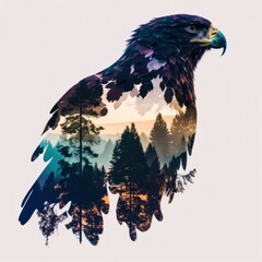 Cool and Beautiful Double Exposure Silhouette Eagle Animal in Natural Habitat: A Colorful Illustration of Wildlife in Creative Photo Manipulation generative AI