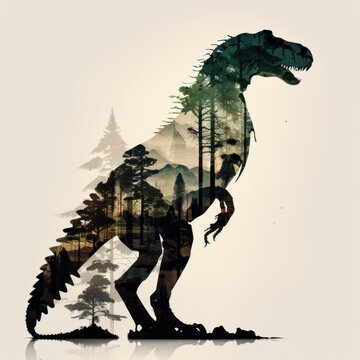 Cool and Beautiful Double Exposure Silhouette Dinosaur Animal in Natural Habitat: A Colorful Illustration of Wildlife in Creative Photo Manipulation generative AI