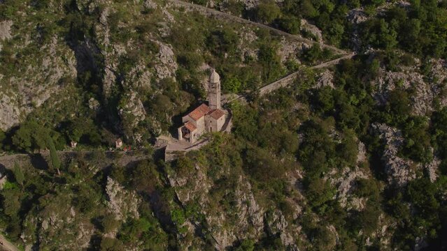 Church of Our Lady of Remedy on mountain slope above Kotor, aerial
