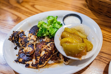 Close up shot of fried chicken breast with vegetable