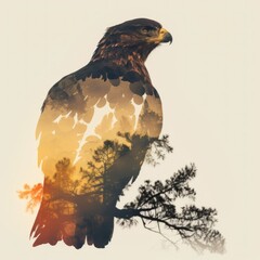 Cool and Beautiful Double Exposure Silhouette Hawk Animal in Natural Habitat: A Colorful Illustration of Wildlife in Creative Photo Manipulation generative AI
