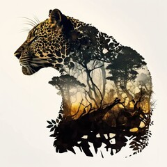 Cool and Beautiful Double Exposure Silhouette Jaguar Animal in Natural Habitat: A Colorful Illustration of Wildlife in Creative Photo Manipulation generative AI