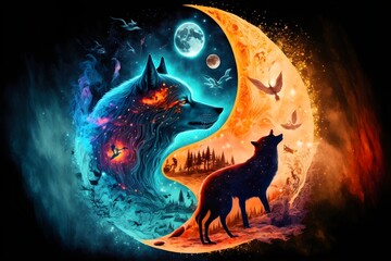 Fototapeta premium colorful skoll and hati illustration. fantasy background