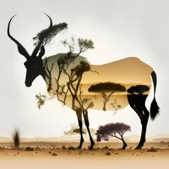 Cool and Beautiful Double Exposure Silhouette Oryx Animal in Natural Habitat: A Colorful Illustration of Wildlife in Creative Photo Manipulation generative AI