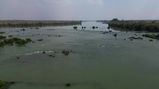 Drone footage above Srepok river in Stung Treng province, amazing wild nature all around and rapides in the river, north Cambodia 3-3