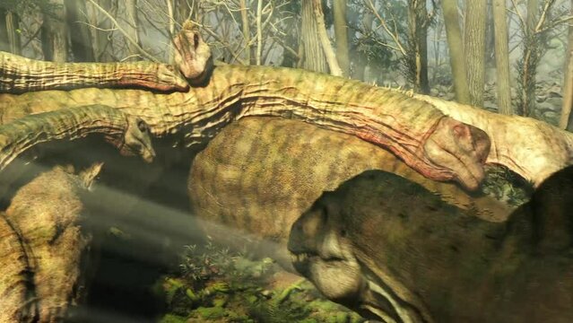 Dead dinosaurs in the middle of the forest with a scavenger trying to eat, dinosaur background vfx