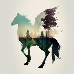 Cool and Beautiful Double Exposure Silhouette Pegasus Animal in Natural Habitat: A Colorful Illustration of Wildlife in Creative Photo Manipulation generative AI