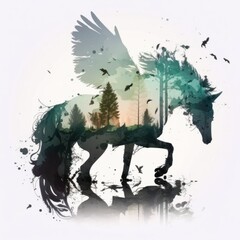 Cool and Beautiful Double Exposure Silhouette Pegasus Animal in Natural Habitat: A Colorful Illustration of Wildlife in Creative Photo Manipulation generative AI