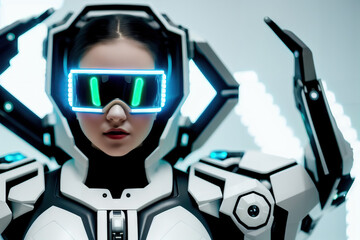 A Cyberpunk Woman Sporting Mecha-Inspired Robotic Parts and Goggles Generative AI Photo