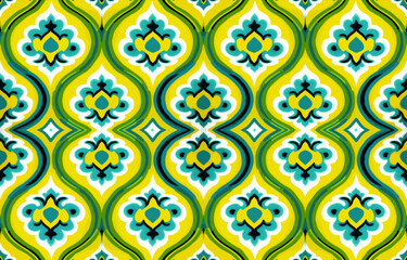 Porcelain seamless fabric pattern bright green yellow. Abstract traditional folk ikat antique porcelain graphic line. Texture textile vector illustration ornate elegant luxury vintage retro style.