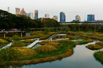 Plakat View of Benjakitti Forest Park, is new landmark public park of central Bangkok includes sky bridge, walking path and central lake. Many people are visiting this place