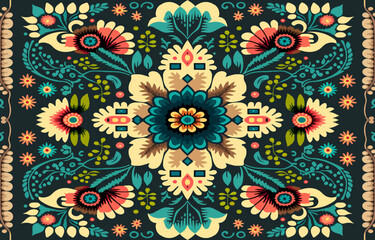 Fototapeta na wymiar Flower fabric pattern vintage retro colors. Abstract indigenous graphic line art for flowers ancient. Textile vector illustration old antique vintage retro style. Floral design for clothing, etc.