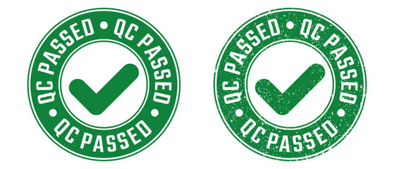 Quality control passed stamp sign with grunge texture vector on white background, QC Passed