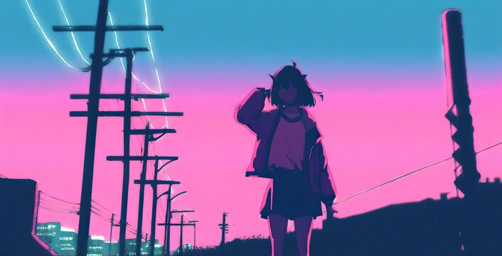 4K resolution or higher, Nostalgic feeling, retro, lo-fi, girl, before dawn, pop art illustration. Generative AI Technology