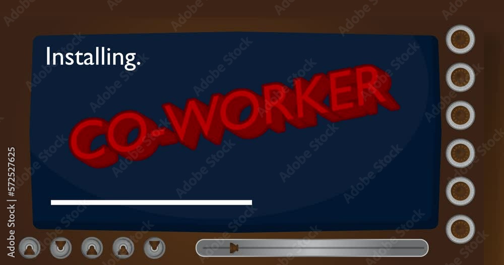 Poster cartoon computer with the word co-worker. video message of a screen displaying an installation windo