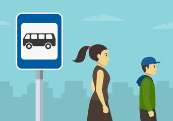 Young female character and boy are waiting city bus. Close-up view of "Bus stop" sign. Flat vector illustration template.