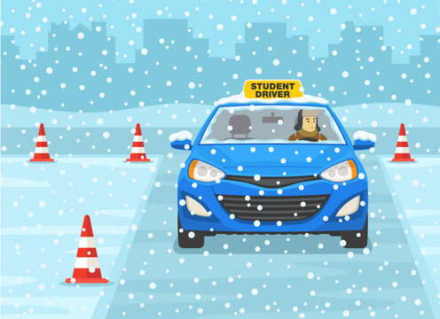 Winter time car drive practicing. Driving practice on the test routes. Young male student driver practicing maneuvers on road. Flat vector illustration template.