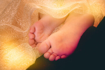 Close up bare foot in the morning at home, relaxing. Comfort aesthetics style.