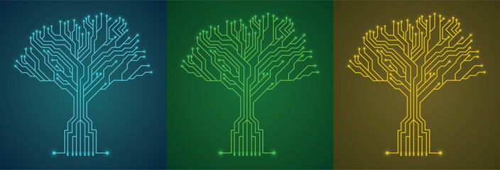 Circuit board tree set with different colors, technology background concept vector illustration