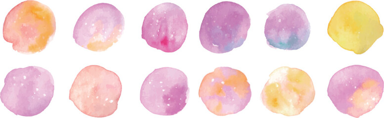 水彩画。水彩タッチのまるフレームベクターイラスト。カラフルな滲み素材。まるのテクスチャ。Watercolor painting. Watercolor touch round frame vector illustration. Colorful blotting material. Circle texture.