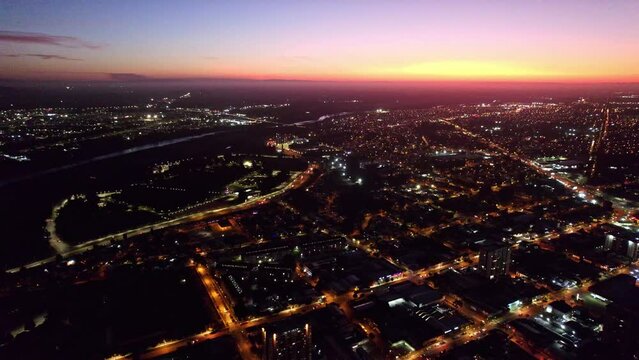 City of Temuco, Chile, Aerial View Above Cityscape of Cautin Province at Night, Sunset Horizon, Houses and Streets of the Chilean Town