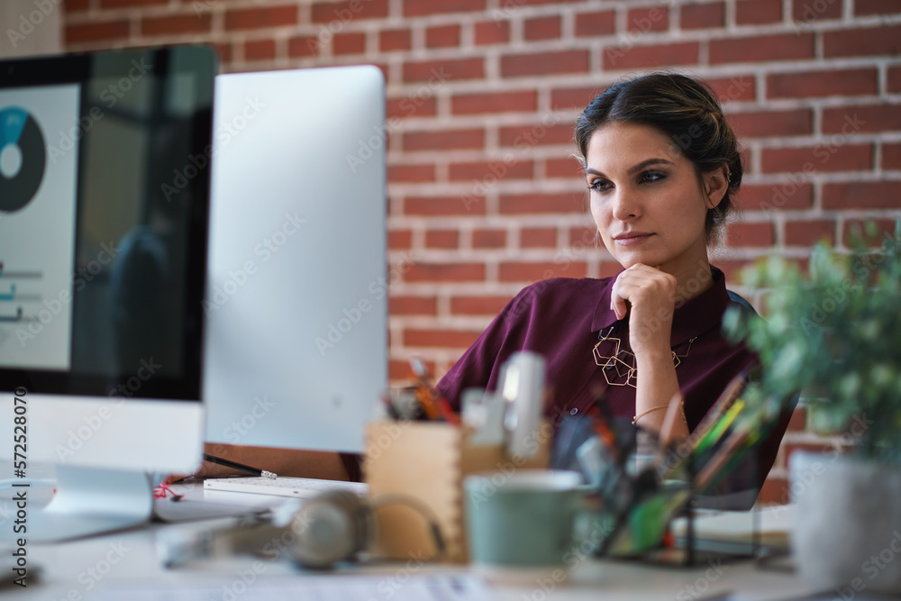 Aufkleber Business woman, computer and thinking of employee with web design planning. Digital designer, working and worker reading a email at a office desk with ideas for website and ux project for company
