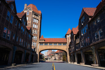 Beautiful historic buildings with street and blue sky in forest hills, New York