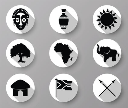 Africa black silhouette icons set, flat style african objects, things and animals isolated vector illustration.